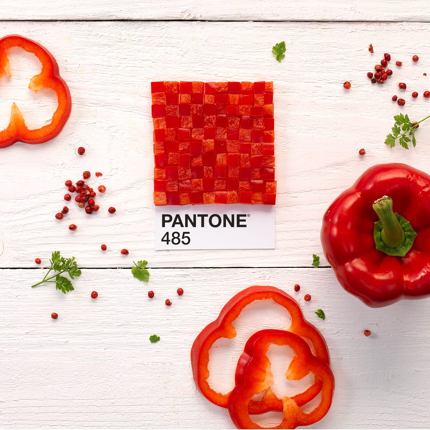 Composition créative façon nuancier Pantone au poivron rouge
